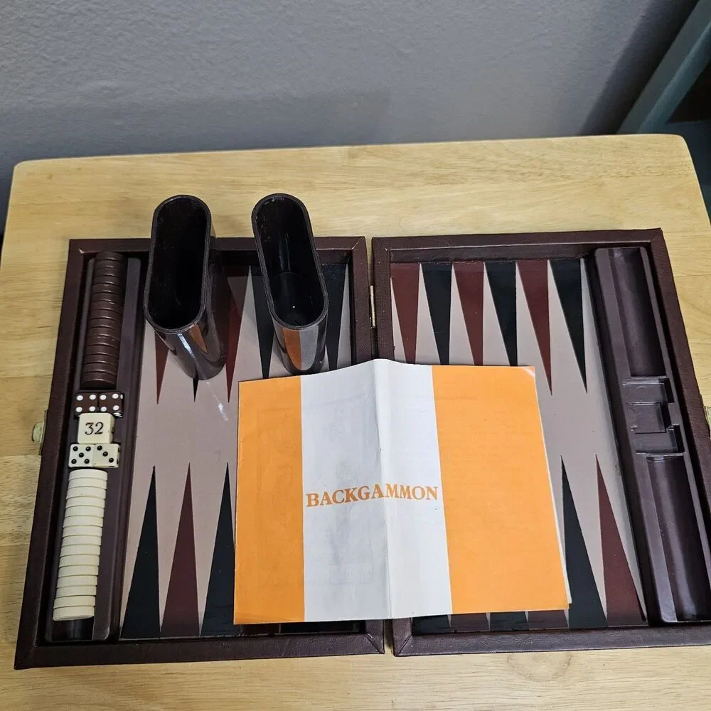 Vintage Travel Backgammon Set Faux Leather Folding Case Complete w/ Dice Cups